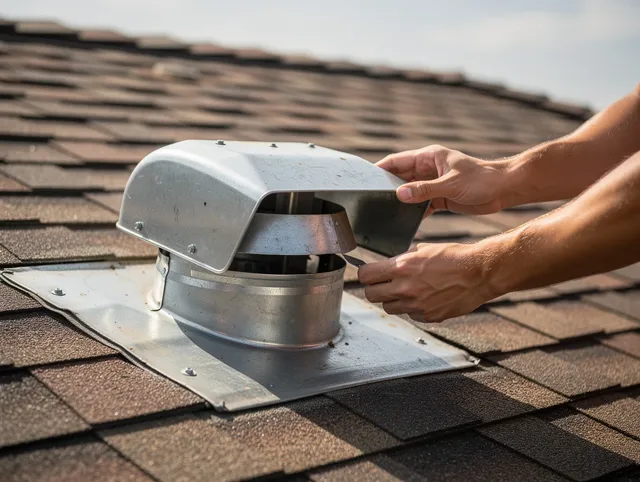 Huntersville Dryer Vent Cleaning certified technician safely cleaning a roof-mounted dryer vent in Huntersville