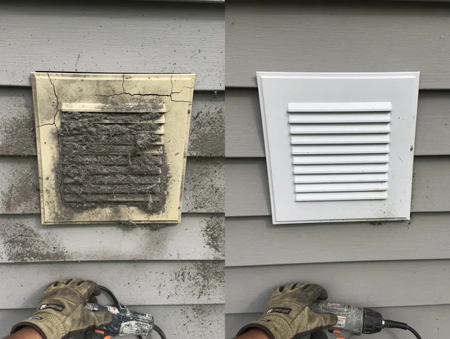 Huntersville Dryer Vent Cleaning technician installing high-quality dryer vent cover at a residential property in Huntersville